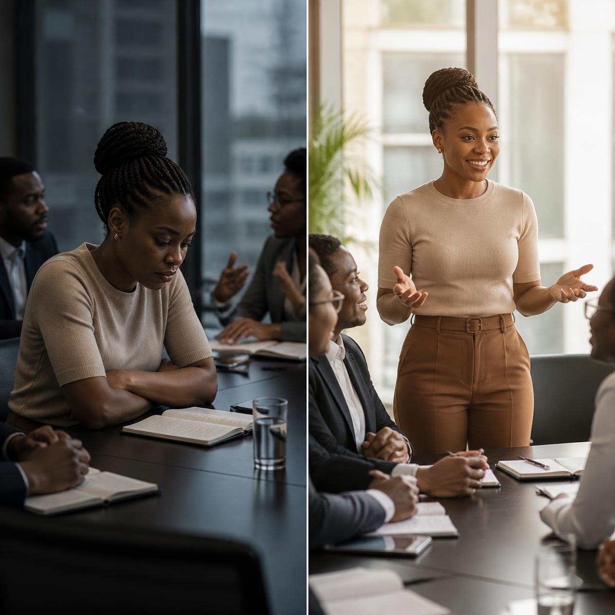 A woman moves from quiet observation to speaking in a meeting